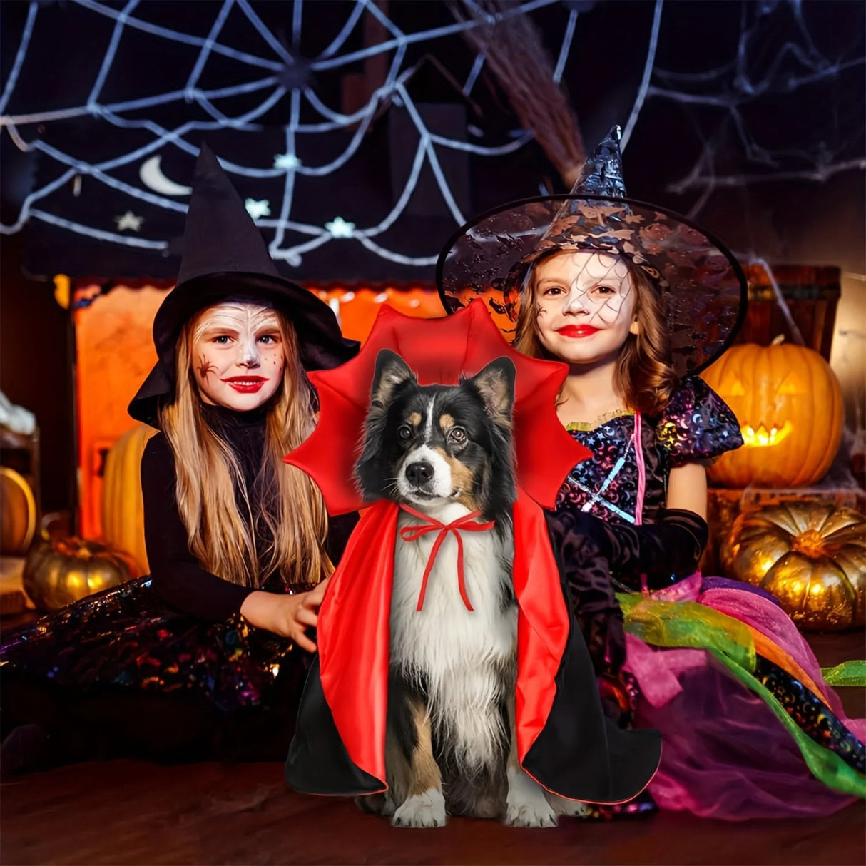 Vampire Devil Dog Costume - Halloween Costumes for Small, Medium, Large Dogs - Red and Black Cloak Cape, Spooky Pet Outfit for Howl-o-ween Night