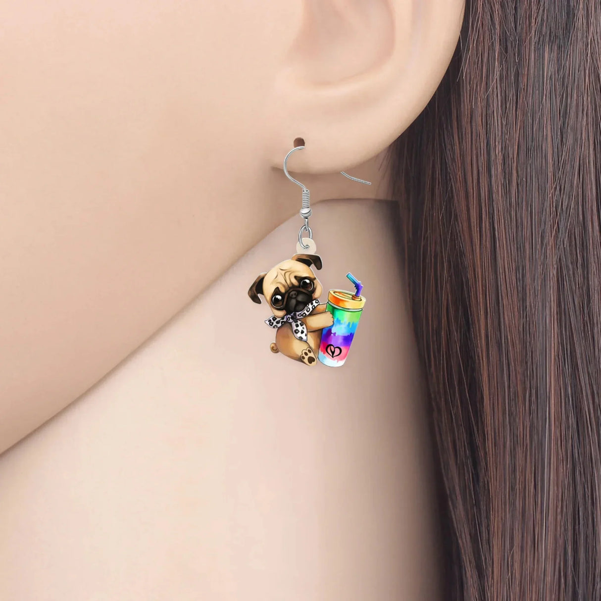 BONSNY Acrylic Cute Colorful Cup Pug Dog Pets Earrings Drop Dangle for Women Girls Kids Friends Dog Lovers Charms Gifts Jewelry