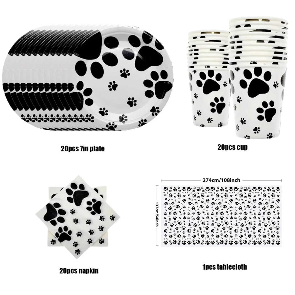 Puppy Themed Birthday Decorations Black White Arts Dog and Cat Paw Party Supplies Disposable Tablecloth Napkins kids Baby shower