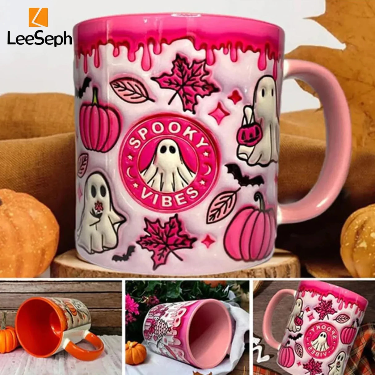 Leeseph Halloween Mug, Trick or Treat Halloween Pumpkin Cute Ghost Ceramic Coffee Mug, Coffee Lover Halloween Decor Gift