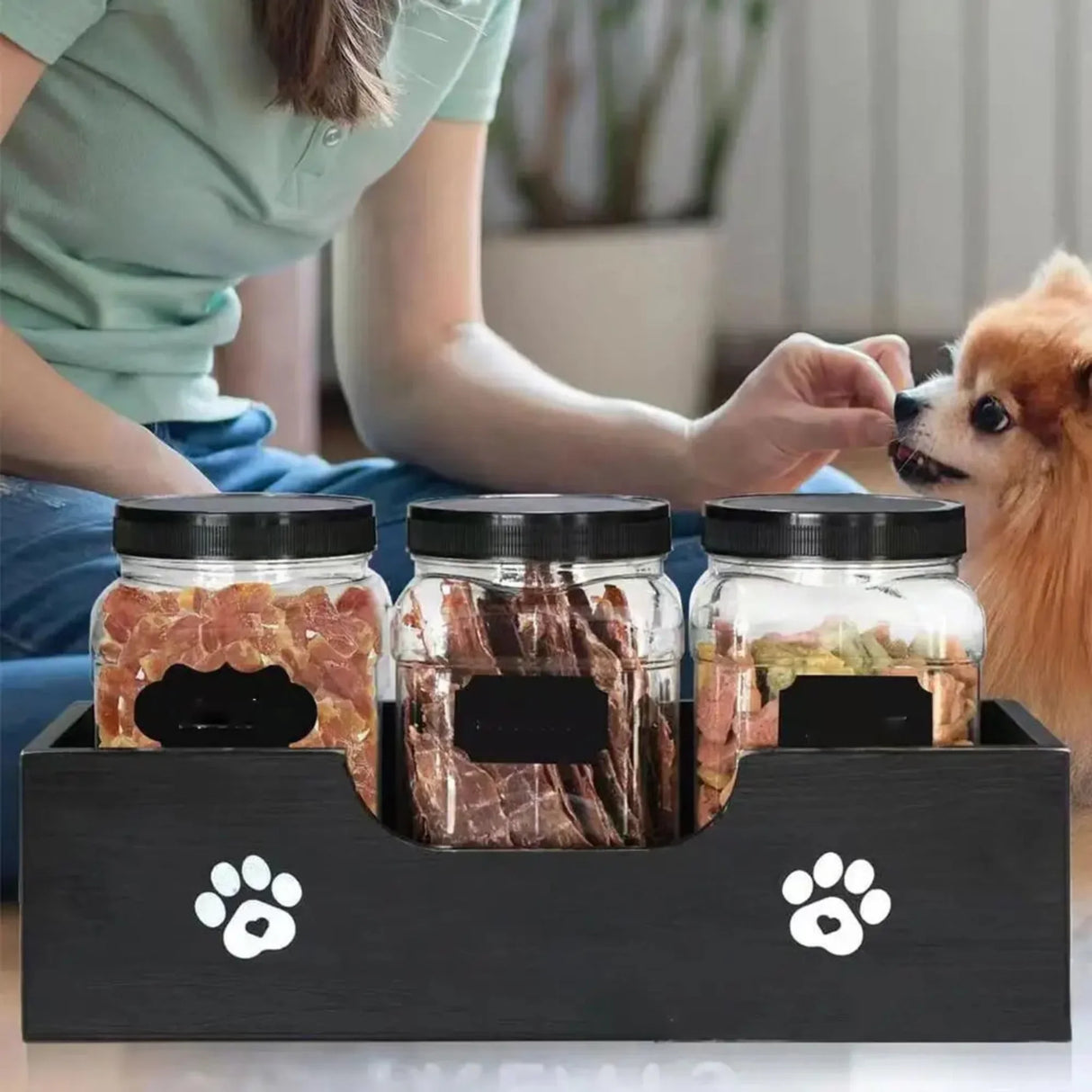 Pet Food Organizer Dog Treat Holder Wood Storage for Treats Wooden Cat Food Container Storage for Countertop Living Room Bedroom