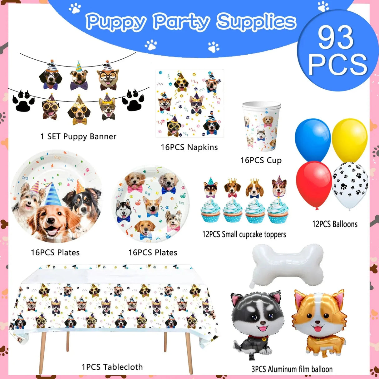 Puppy Dog Birthday Party Supplies,93pcs Decorations&Dog Birthday Party Tableware Set-Banner,Puppy Balloons Party Plates etc
