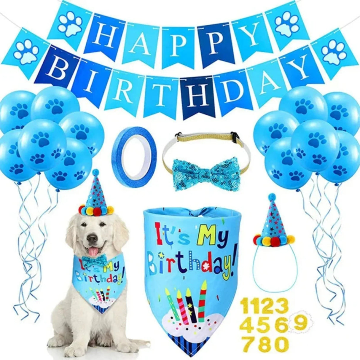Artículos para fiestas de cumpleaños de perros, juego de pañuelos para cumpleaños de perro, niña y niño, con gorro, bufanda, pancarta de cumpleaños, globos y pajarita.