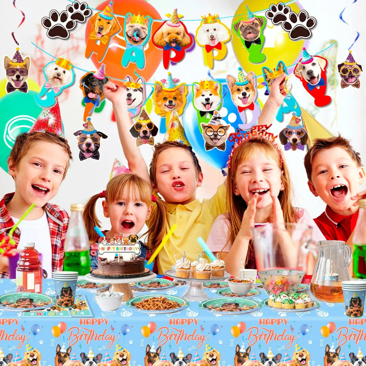 Puppy Birthday Party Supplies for Kids,97pcs Birthday Party Supplies&Tableware Set Dog Party Plates Cups Napkins Banner Balloon