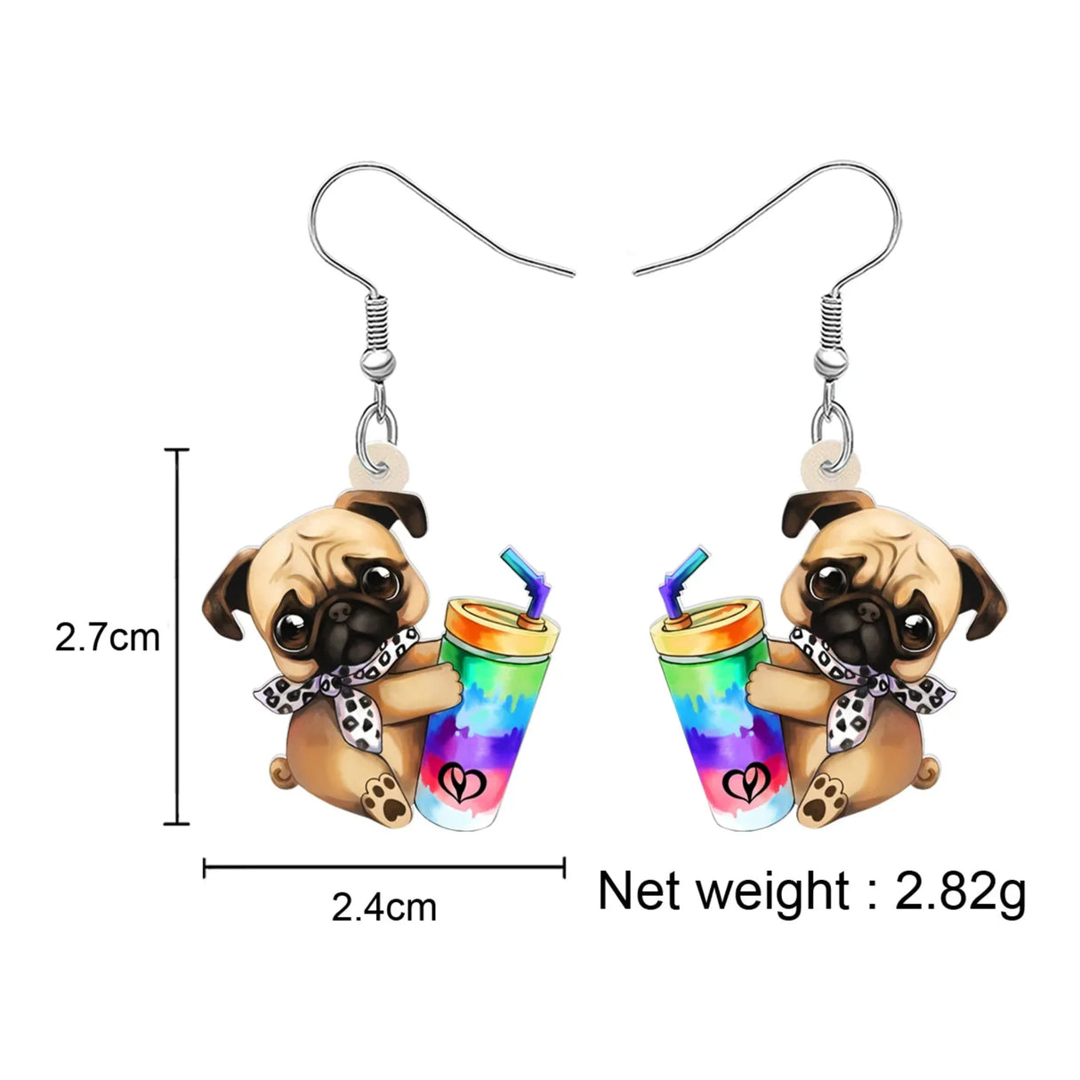 BONSNY Acrylic Cute Colorful Cup Pug Dog Pets Earrings Drop Dangle for Women Girls Kids Friends Dog Lovers Charms Gifts Jewelry