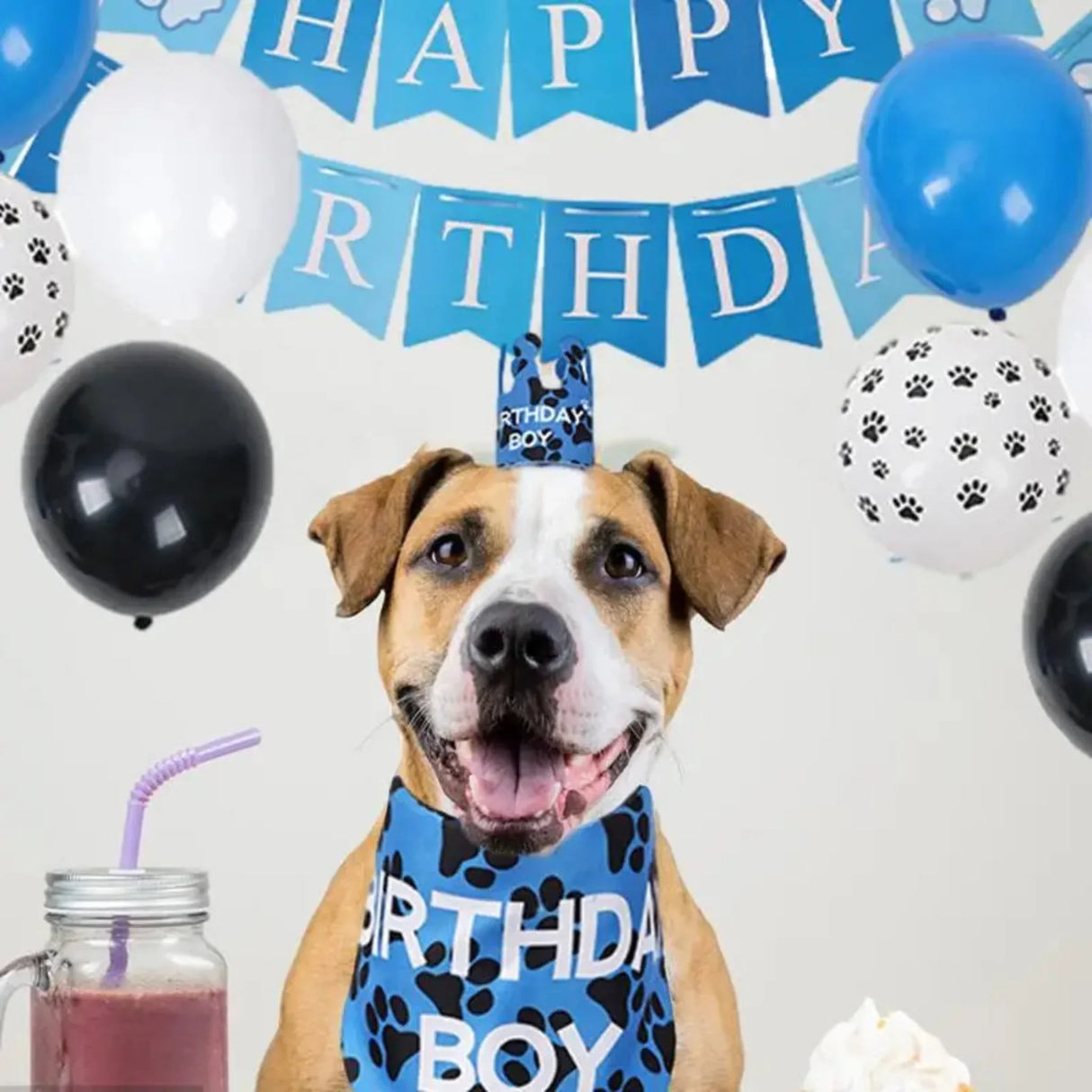Pet Birthday Party Banner Pull Flag Birthday Hat Dog Paw Balloon Pet Props Pet Accessories For Small Medium Dogs Pets