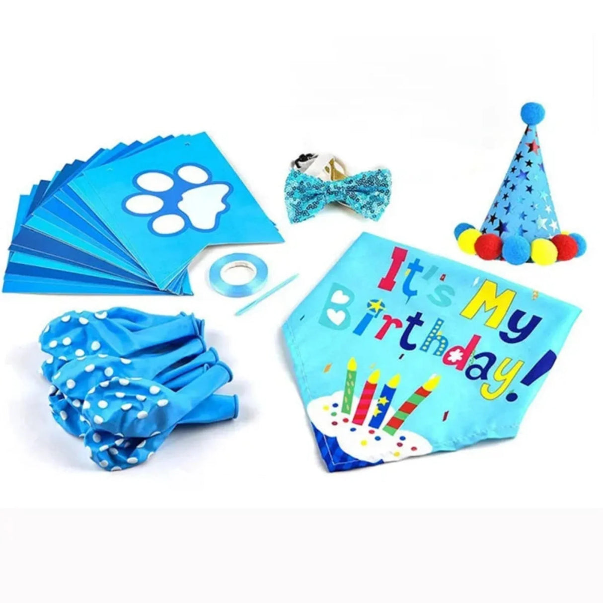 Artículos para fiestas de cumpleaños de perros, juego de pañuelos para cumpleaños de perro, niña y niño, con gorro, bufanda, pancarta de cumpleaños, globos y pajarita.