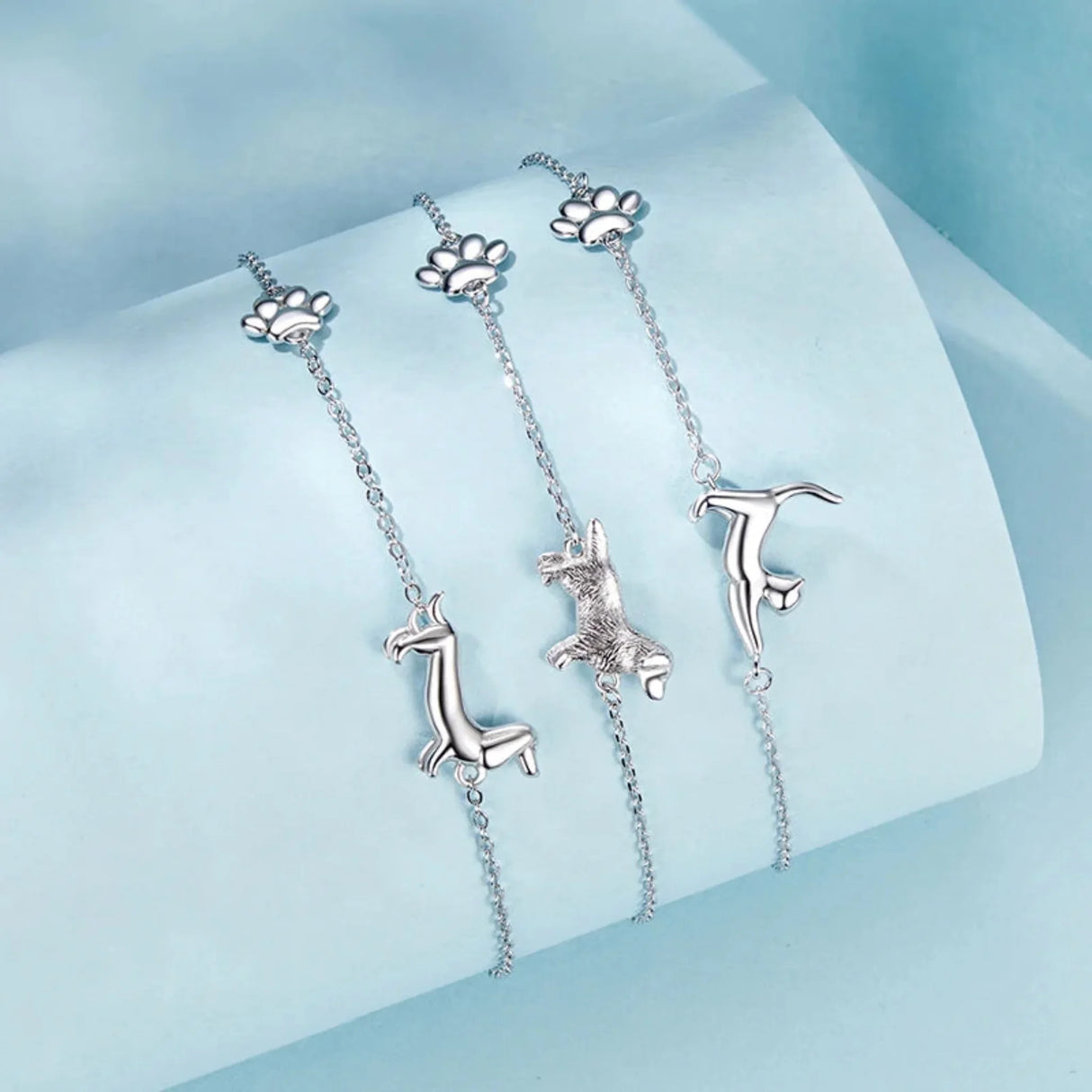 WOSTU Solid 925 Sterling Silver Cute Cat Dog Bracelet For Women Pet Paw Links Girl dachshund Charm Chains Daughter Birthday Gift