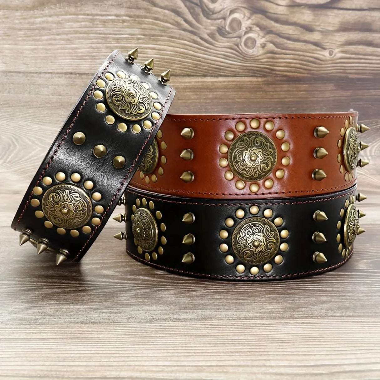 Durable Leather Spiked Dog Collar for Training and Hiking
