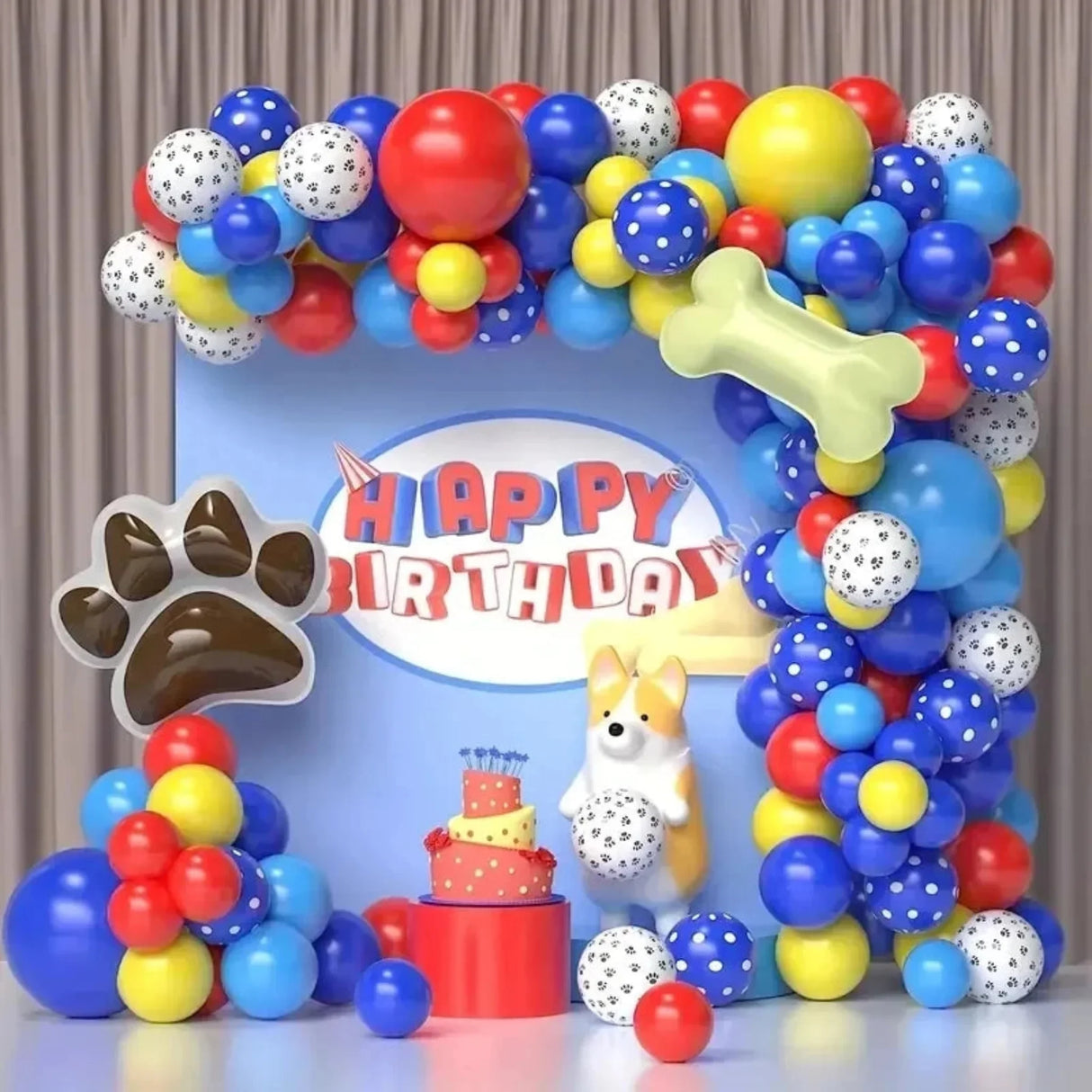 118Pcs A set of dog paw printed balloon wreath set, red, blue latex balloon patrol theme party for boys and girls' birthdays