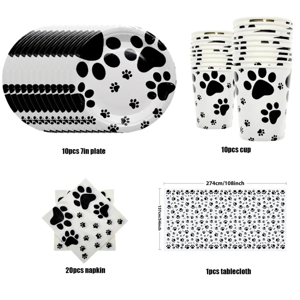 Puppy Themed Birthday Decorations Black White Arts Dog and Cat Paw Party Supplies Disposable Tablecloth Napkins kids Baby shower