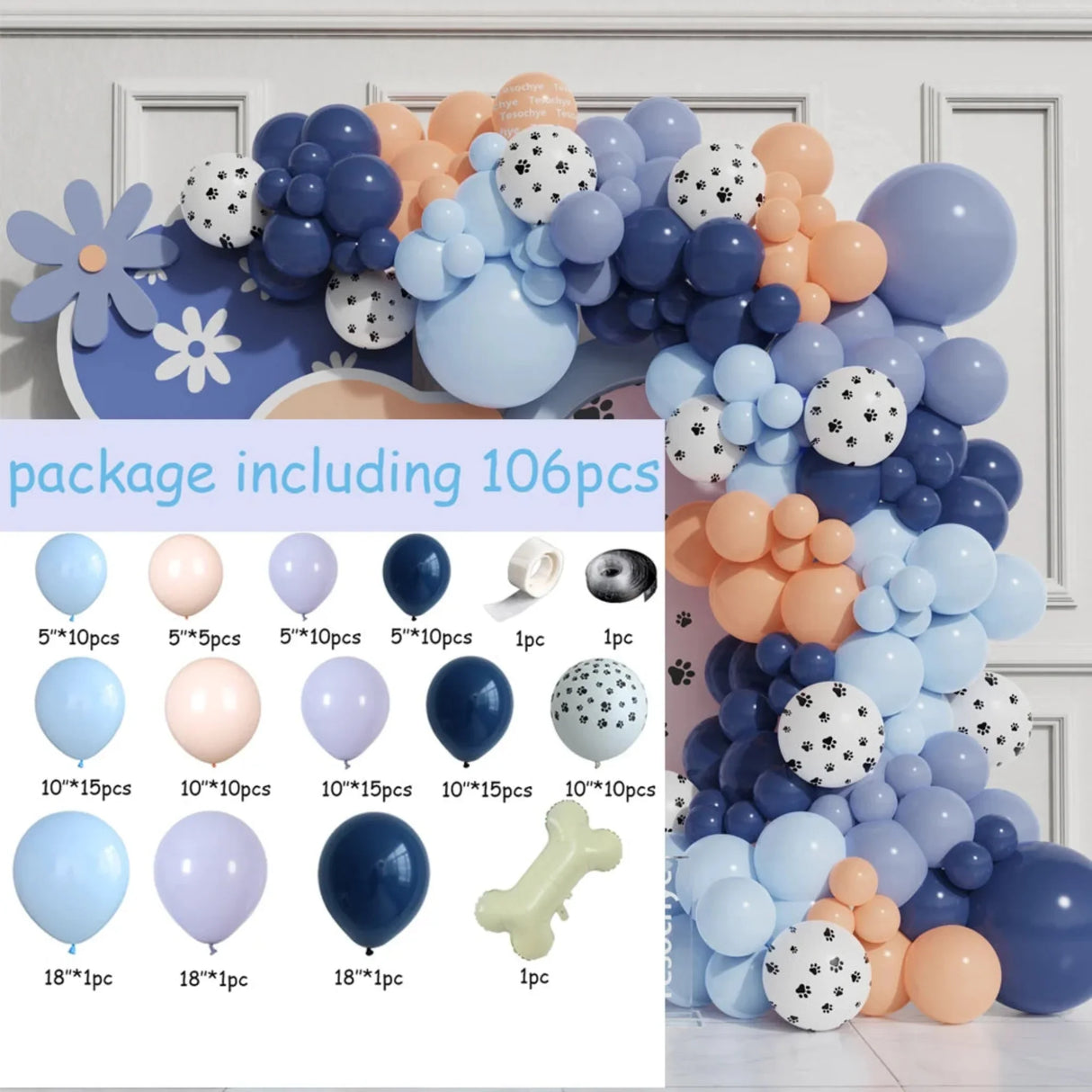 106pcs Dog Paw Bone Balloon Arch Garland Kit Macaron Blue Orang Balloons Birthday Wedding Party Decorations Baby Shower Supplies