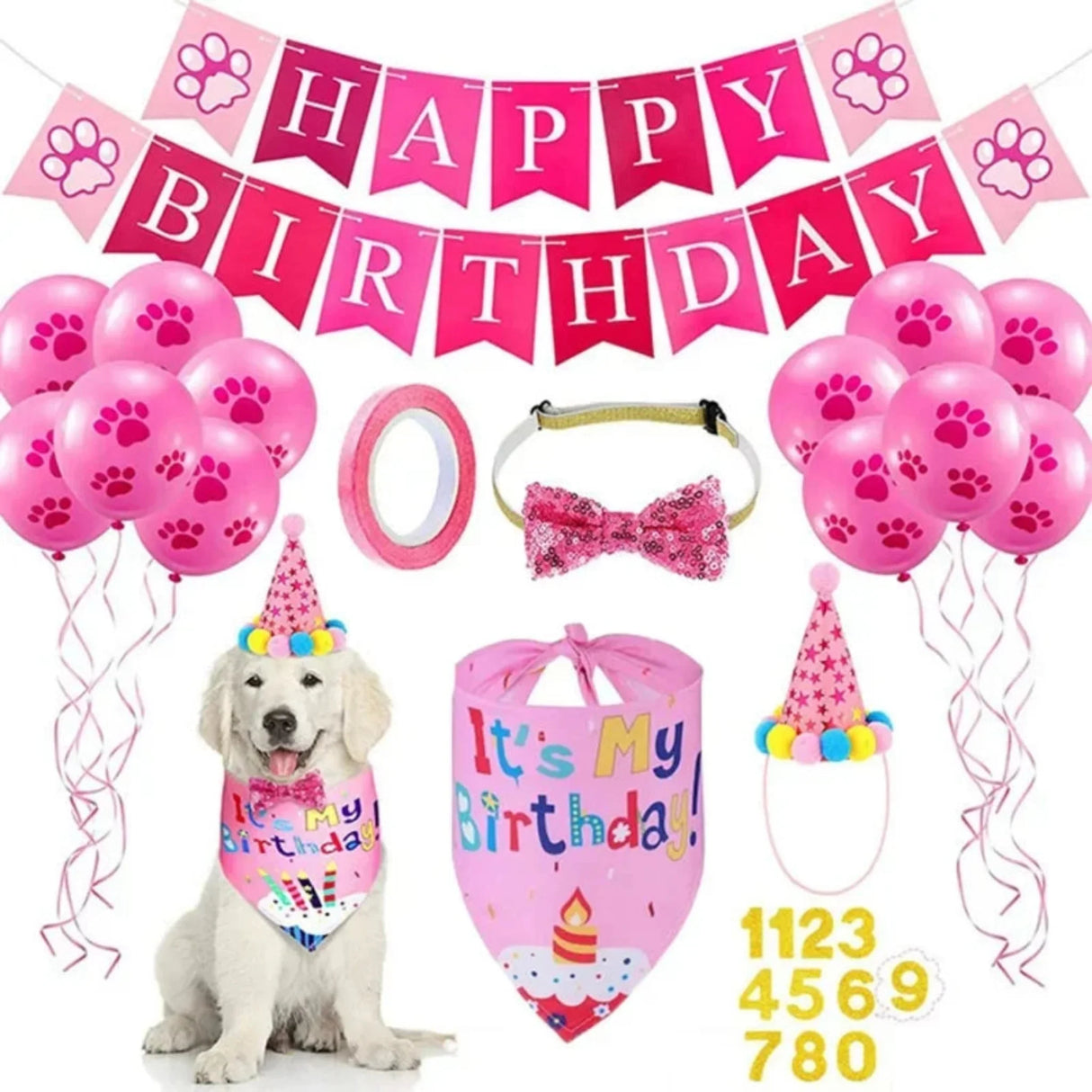 Artículos para fiestas de cumpleaños de perros, juego de pañuelos para cumpleaños de perro, niña y niño, con gorro, bufanda, pancarta de cumpleaños, globos y pajarita.