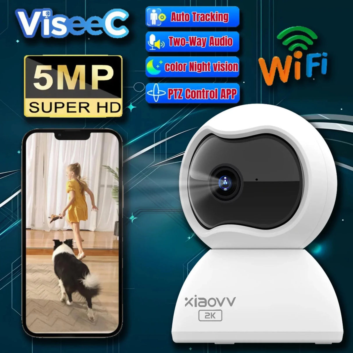 XIAOVV 1PCS Pet Camera Dog Cat Camera 360°/5MP with Mobile App WiFi Baby Camera Monitor for Home Indoor Security