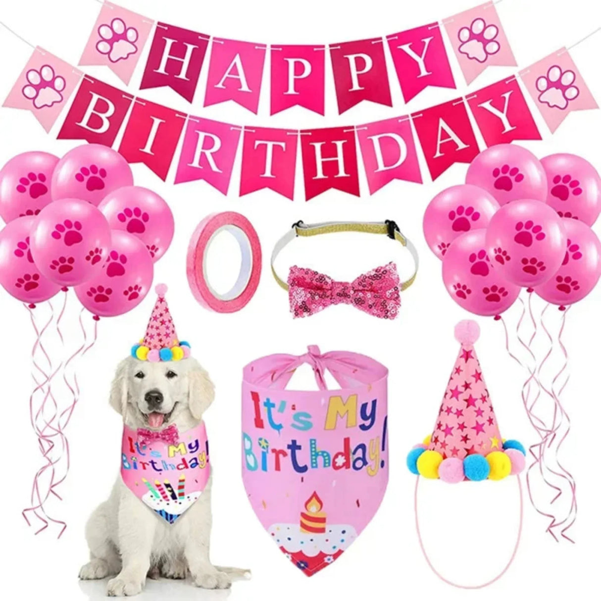 Artículos para fiestas de cumpleaños de perros, juego de pañuelos para cumpleaños de perro, niña y niño, con gorro, bufanda, pancarta de cumpleaños, globos y pajarita.