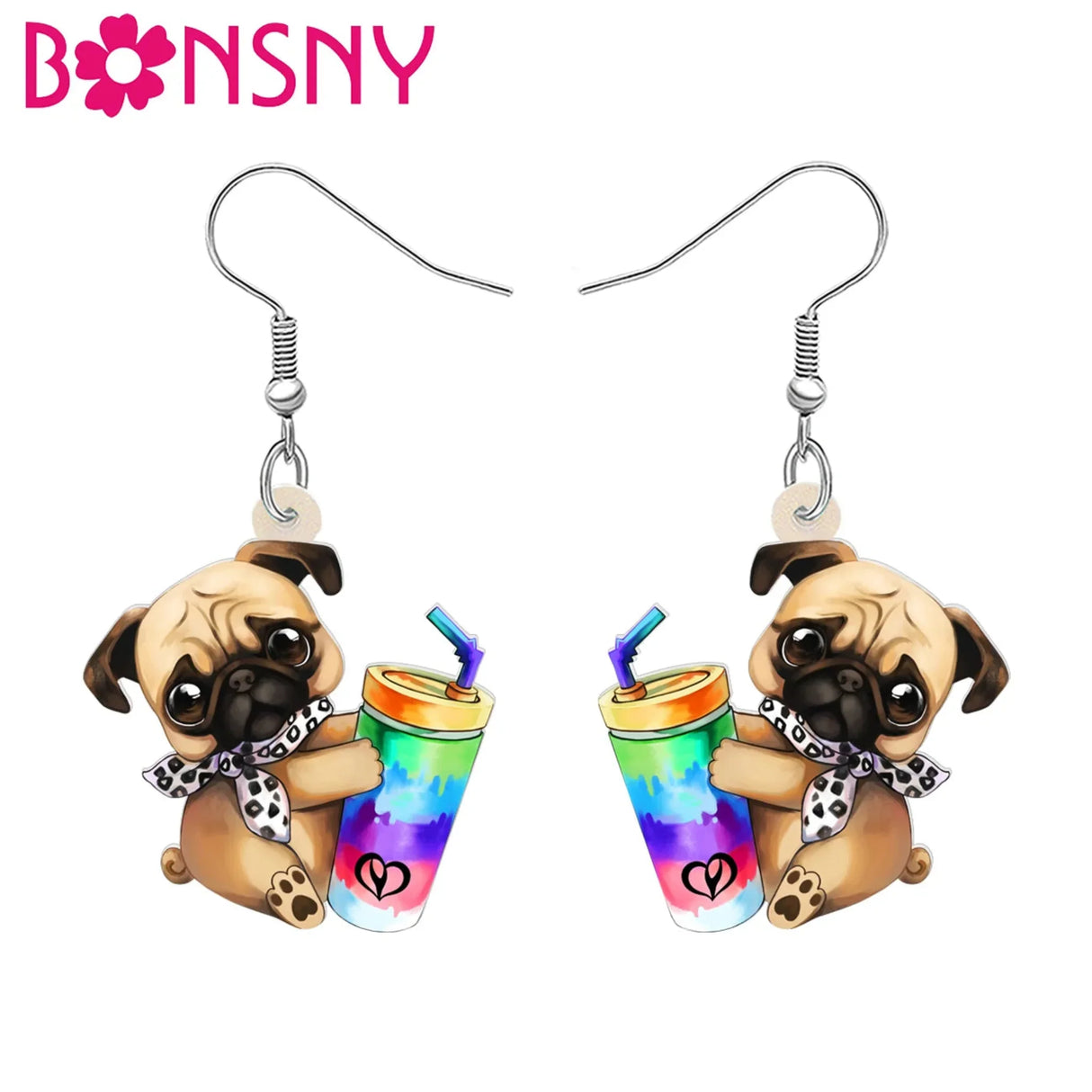 BONSNY Acrylic Cute Colorful Cup Pug Dog Pets Earrings Drop Dangle for Women Girls Kids Friends Dog Lovers Charms Gifts Jewelry