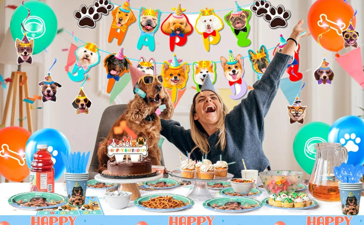 Puppy Birthday Party Supplies for Kids,97pcs Birthday Party Supplies&Tableware Set Dog Party Plates Cups Napkins Banner Balloon