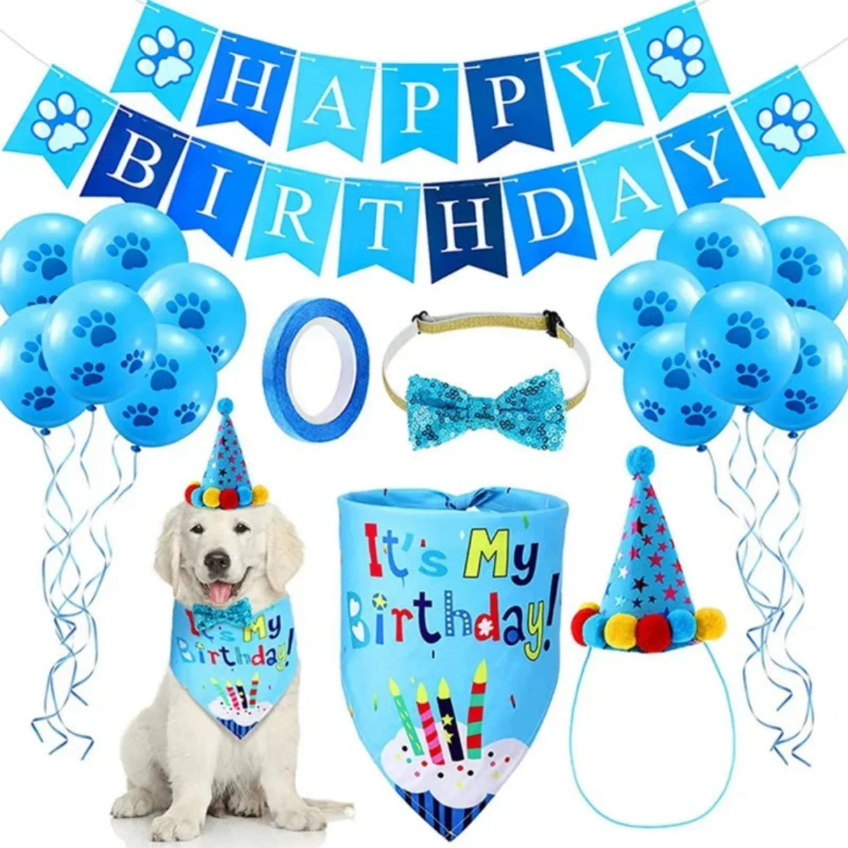 Artículos para fiestas de cumpleaños de perros, juego de pañuelos para cumpleaños de perro, niña y niño, con gorro, bufanda, pancarta de cumpleaños, globos y pajarita.