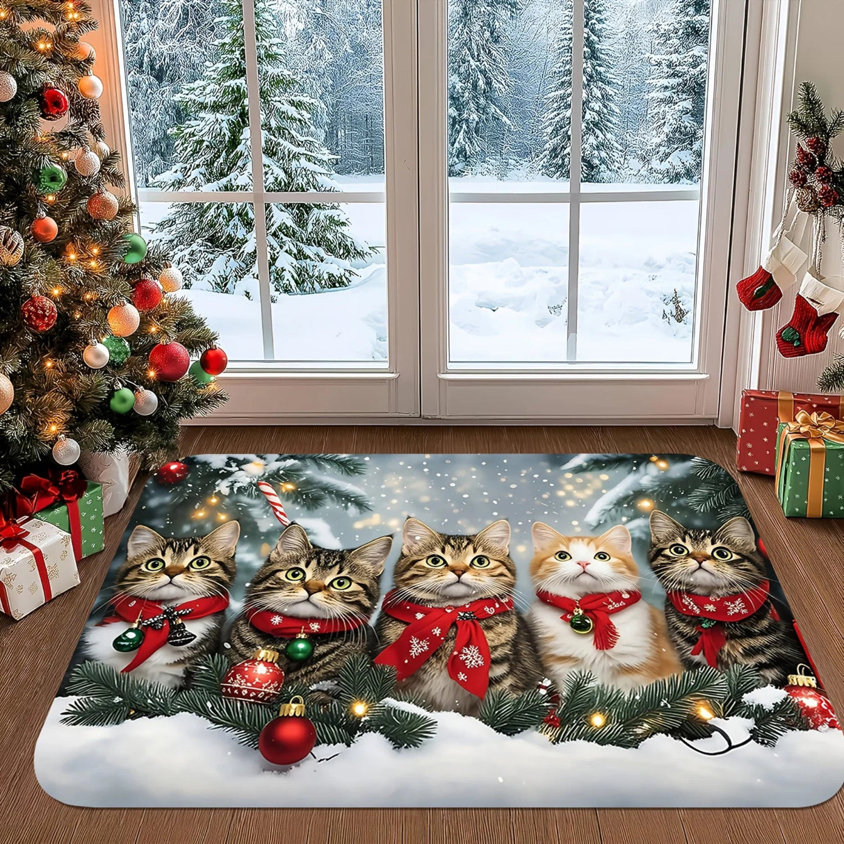 VIKAMA Christmas Cute Cat Rug, Indoor and Outdoor Entrance Carpet, Bathroom Floor Mat, Soft and Water-Resistant Home Decoration
