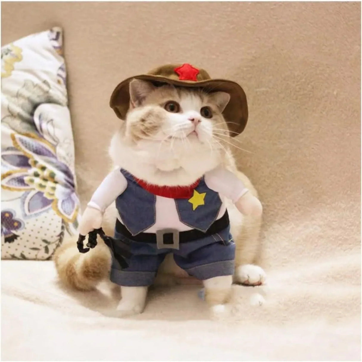 TONG Pet Dog Cat Costume Cowboy Jeans Hoodie Shirts Cowboy Cat Dog Costume with Hat Dog Clothes Halloween Costumes for Cat