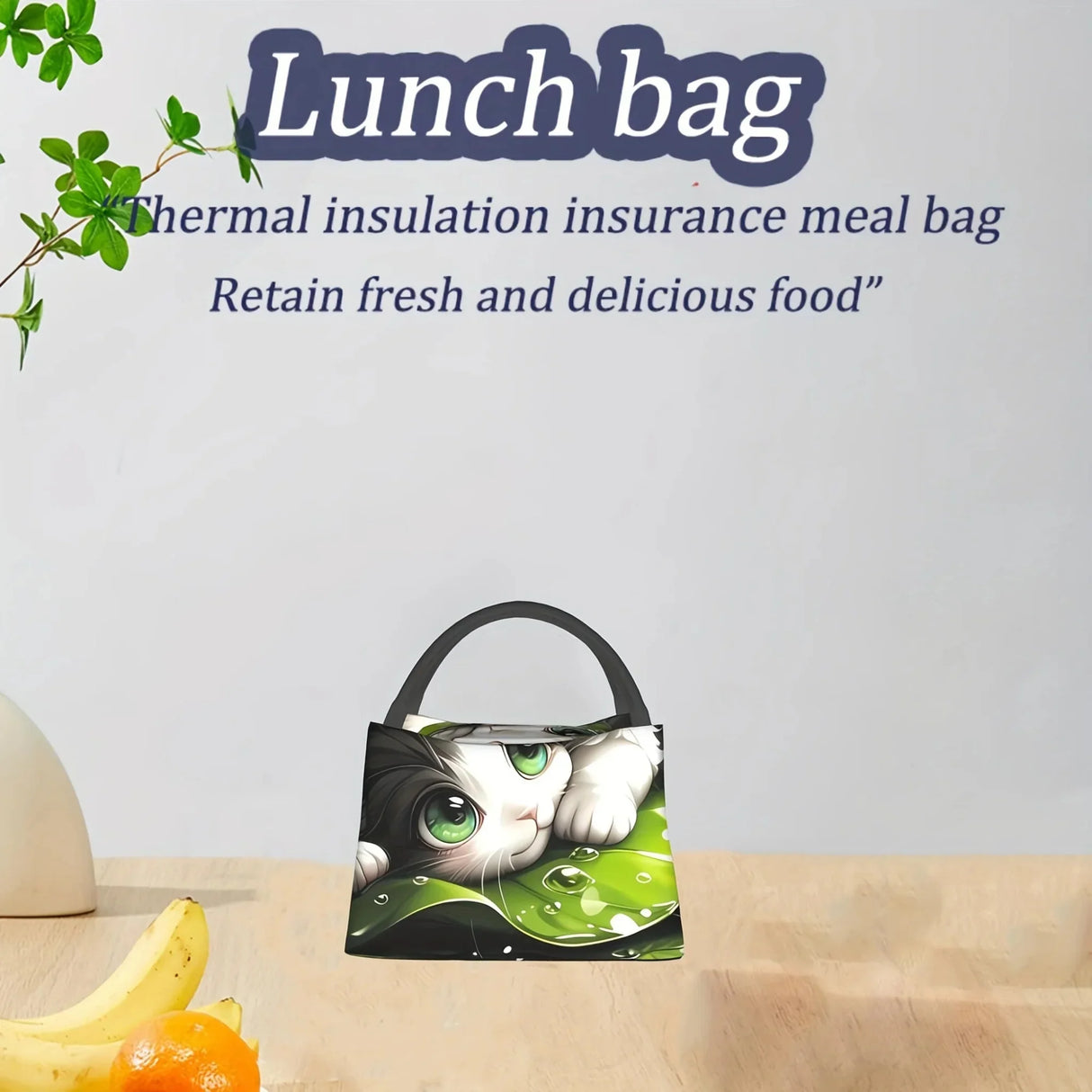 Cute Kitten Pattern Insulated Lunch Bag Reusable, Portable Cooler for Work, , Picnics & Beach Outings Durable Polyester, Han