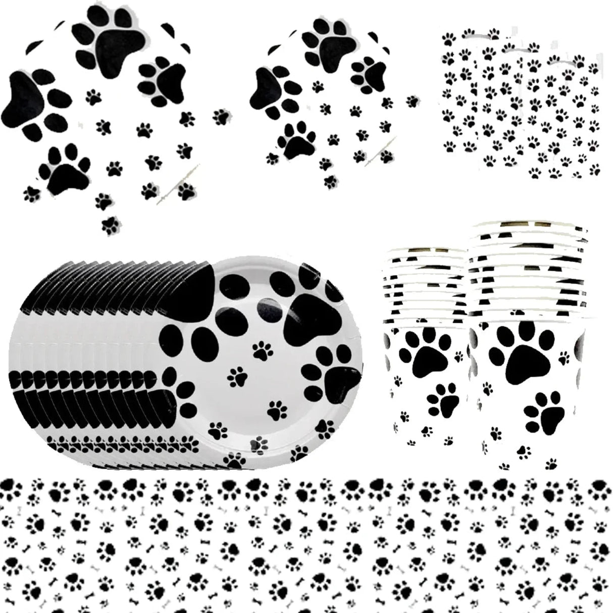 Puppy Themed Birthday Decorations Black White Arts Dog and Cat Paw Party Supplies Disposable Tablecloth Napkins kids Baby shower