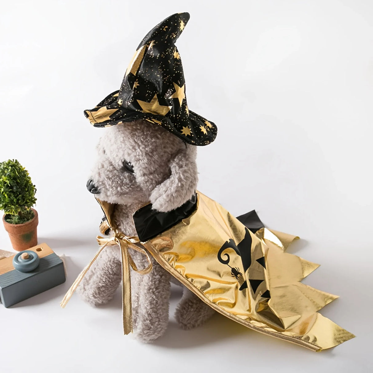 Cute Metal Golden Dog Costume with Witch Hat & Cape - Halloween Bat & Spider Print Pet Outfit, Polyester, Machine Washable, Perfect for Small Dogs, Halloween Dog Costume, Festive Pet Attire, Playful Design, Durable Pet Wear