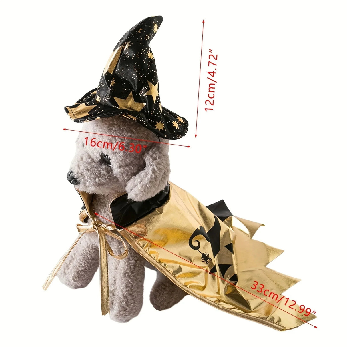 Cute Metal Golden Dog Costume with Witch Hat & Cape - Halloween Bat & Spider Print Pet Outfit, Polyester, Machine Washable, Perfect for Small Dogs, Halloween Dog Costume, Festive Pet Attire, Playful Design, Durable Pet Wear