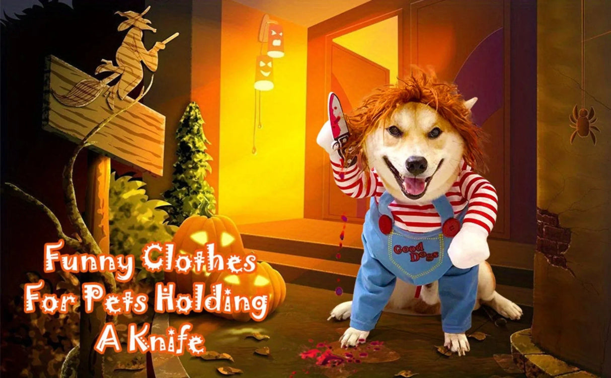 Halloween Deadly Doll Design Pet Dog Costume Halloween Clothes Wig And Knife Novelty Funny Scary Props Outfit Apparel Accessories