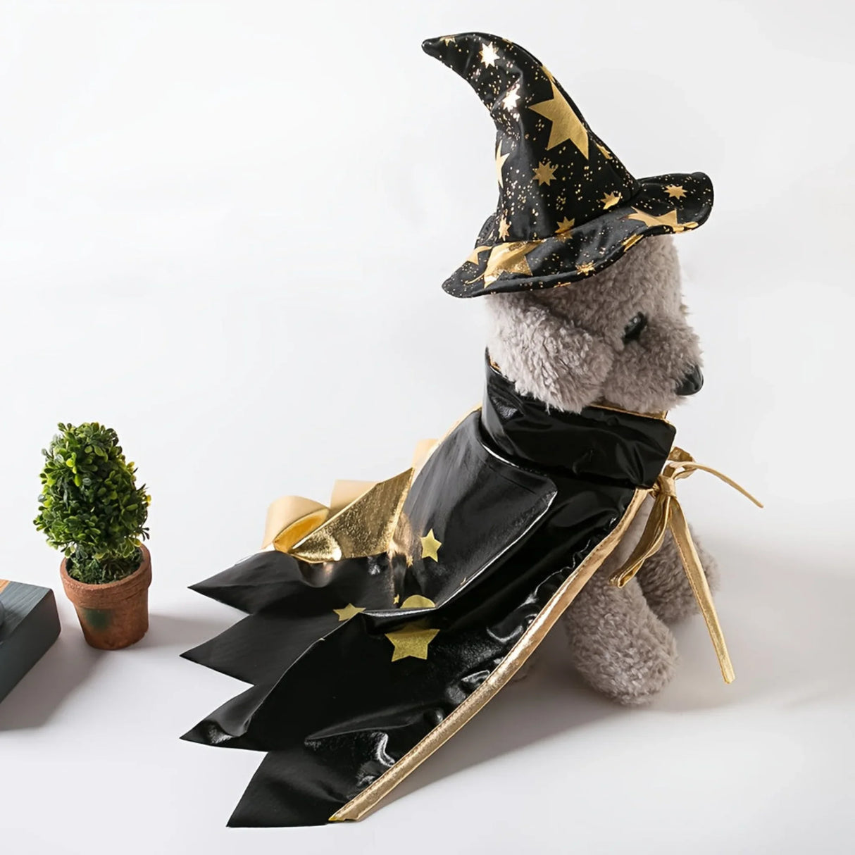 Cute Metal Golden Dog Costume with Witch Hat & Cape - Halloween Bat & Spider Print Pet Outfit, Polyester, Machine Washable, Perfect for Small Dogs, Halloween Dog Costume, Festive Pet Attire, Playful Design, Durable Pet Wear