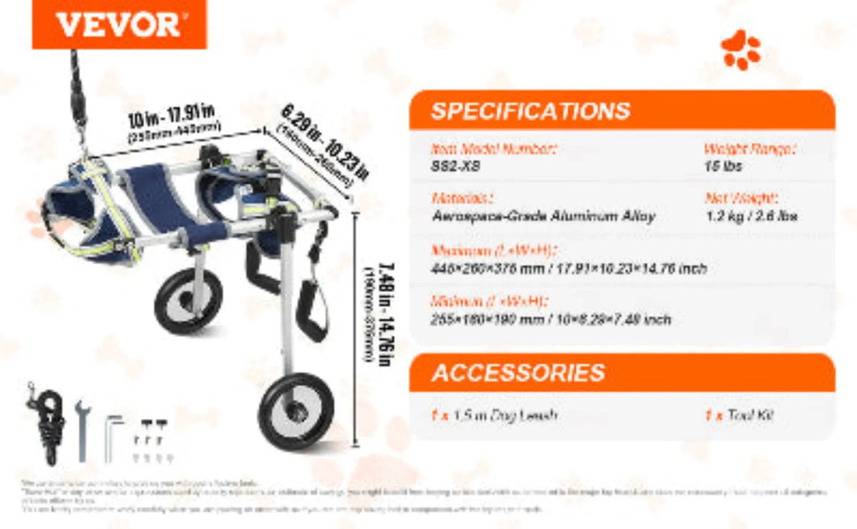 VEVOR 2 Wheels Dog Wheelchair for Back Legs Pet Wheelchair Dog Cart/Wheelchair for Injured Disabled Paralysis Hind Limb Weak Pet