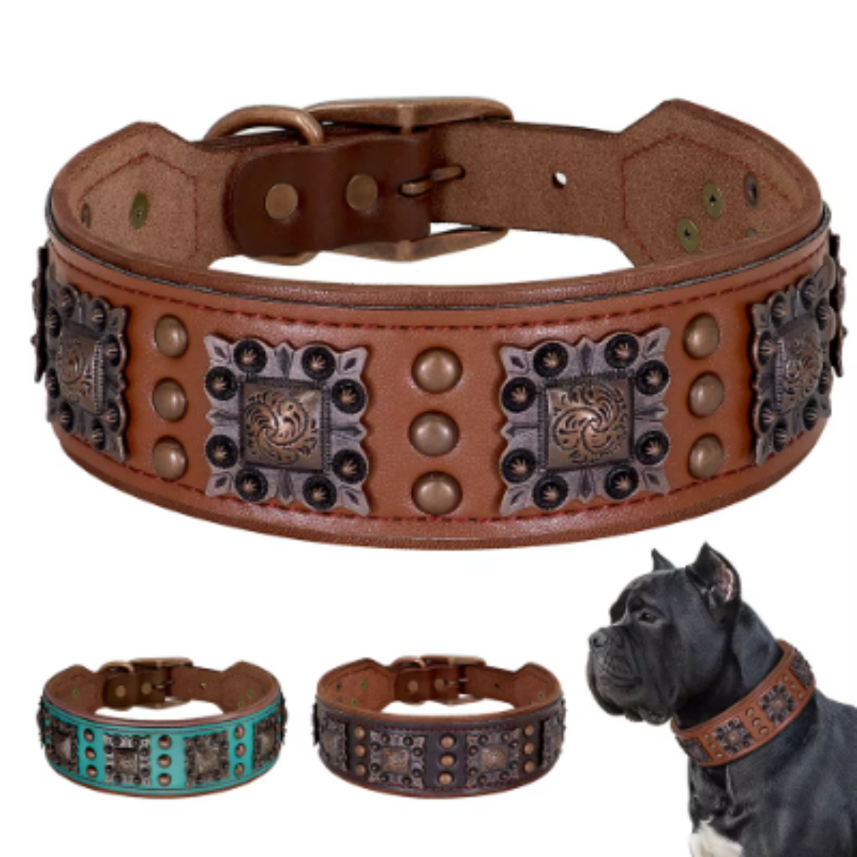 Collar con pinchos para perros medianos y grandes, de piel auténtica, ajustable, para pitbull y bulldog