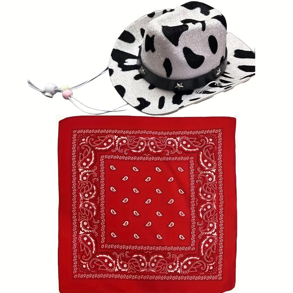 Western Cowboy Pet Hat Two-Piece Western Cowboy Style Pet Hat and Scarf Neck Gaiter | Machine Washable, Four-Season Polyester Knit Accessories, Suitable for Dogs and Cats - Breed-Specific Design with Drawstring
