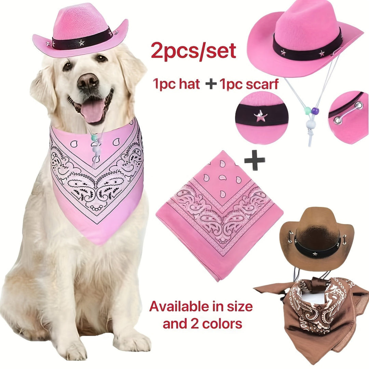 Western Cowboy Pet Hat Two-Piece Western Cowboy Style Pet Hat and Scarf Neck Gaiter | Machine Washable, Four-Season Polyester Knit Accessories, Suitable for Dogs and Cats - Breed-Specific Design with Drawstring