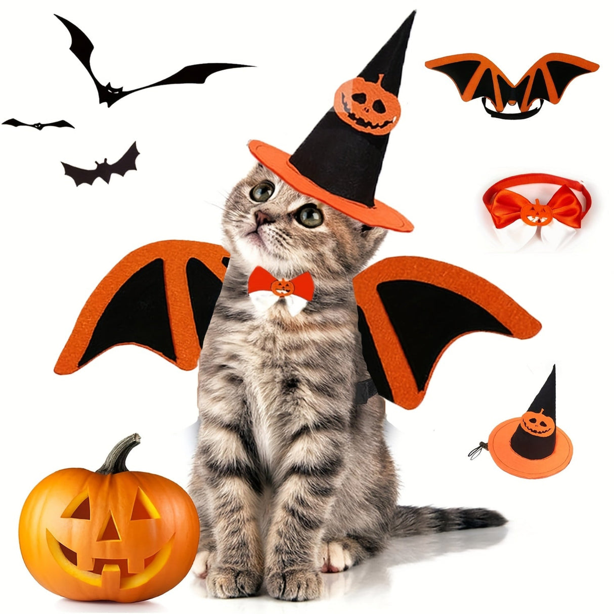 3pcs Pet Festival Decoration Include Bat Wings Pumpkin Cap Tie, Fashionable Props Decorative, Pet Photography Props, for Party Packs