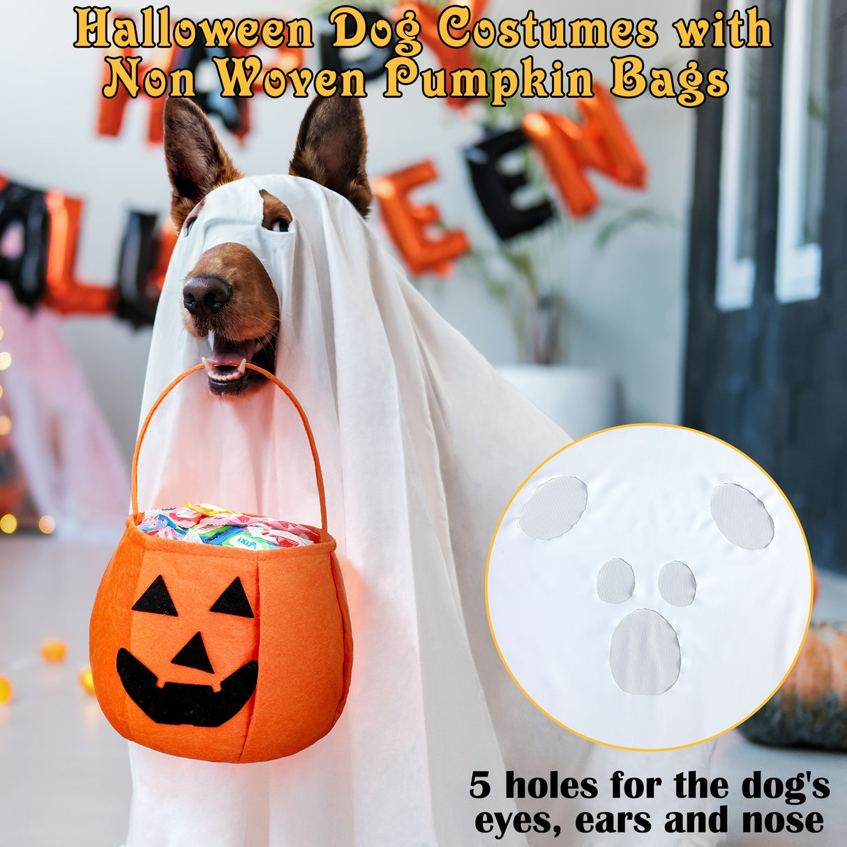 2pcs Halloween Dog Costumes with Non Pumpkin Bags White Ghost Costume for Dog Cat Ghost Cosplay Clothes, Cute Party Cape for Halloween Cosplay Party (Puppy)