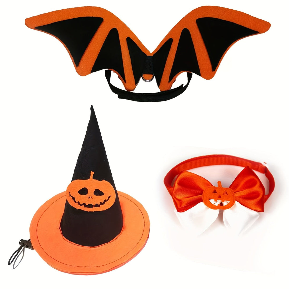 3pcs Pet Festival Decoration Include Bat Wings Pumpkin Cap Tie, Fashionable Props Decorative, Pet Photography Props, for Party Packs
