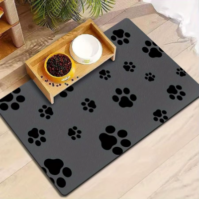 Alfombrilla de alimentación para perros de secado rápido y absorbente, antideslizante y antiadherente con diseño de huella de pata, adecuada para cuencos de comida y agua