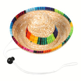 Dog Sombrero Hat Pet Serape Poncho Costume Funny Dog Costume Multicolor Adjustable Mexican Dog Straw Hat Chihuahua Clothes (Small)