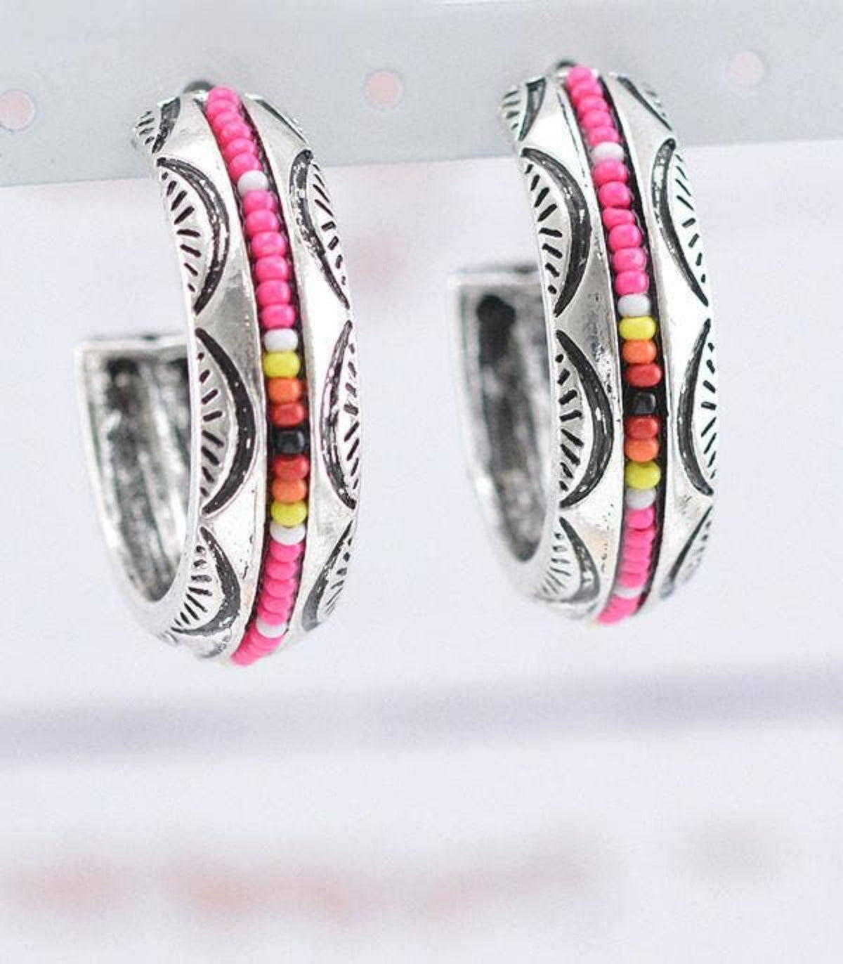 Aztec Pink Seed Bead Hoop Earrings