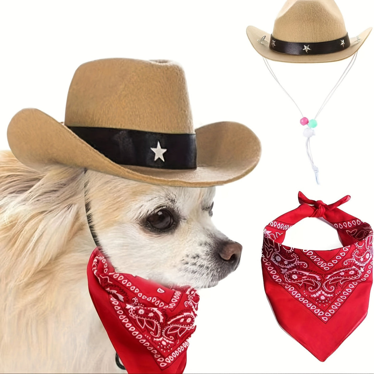 Western Cowboy Pet Hat Two-Piece Western Cowboy Style Pet Hat and Scarf Neck Gaiter | Machine Washable, Four-Season Polyester Knit Accessories, Suitable for Dogs and Cats - Breed-Specific Design with Drawstring