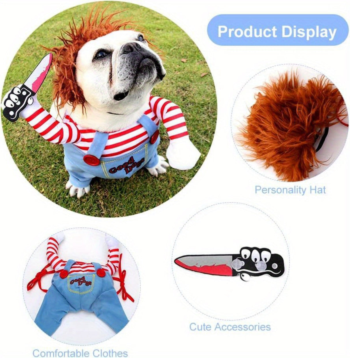 Halloween Deadly Doll Design Pet Dog Costume Halloween Clothes Wig And Knife Novelty Funny Scary Props Outfit Apparel Accessories
