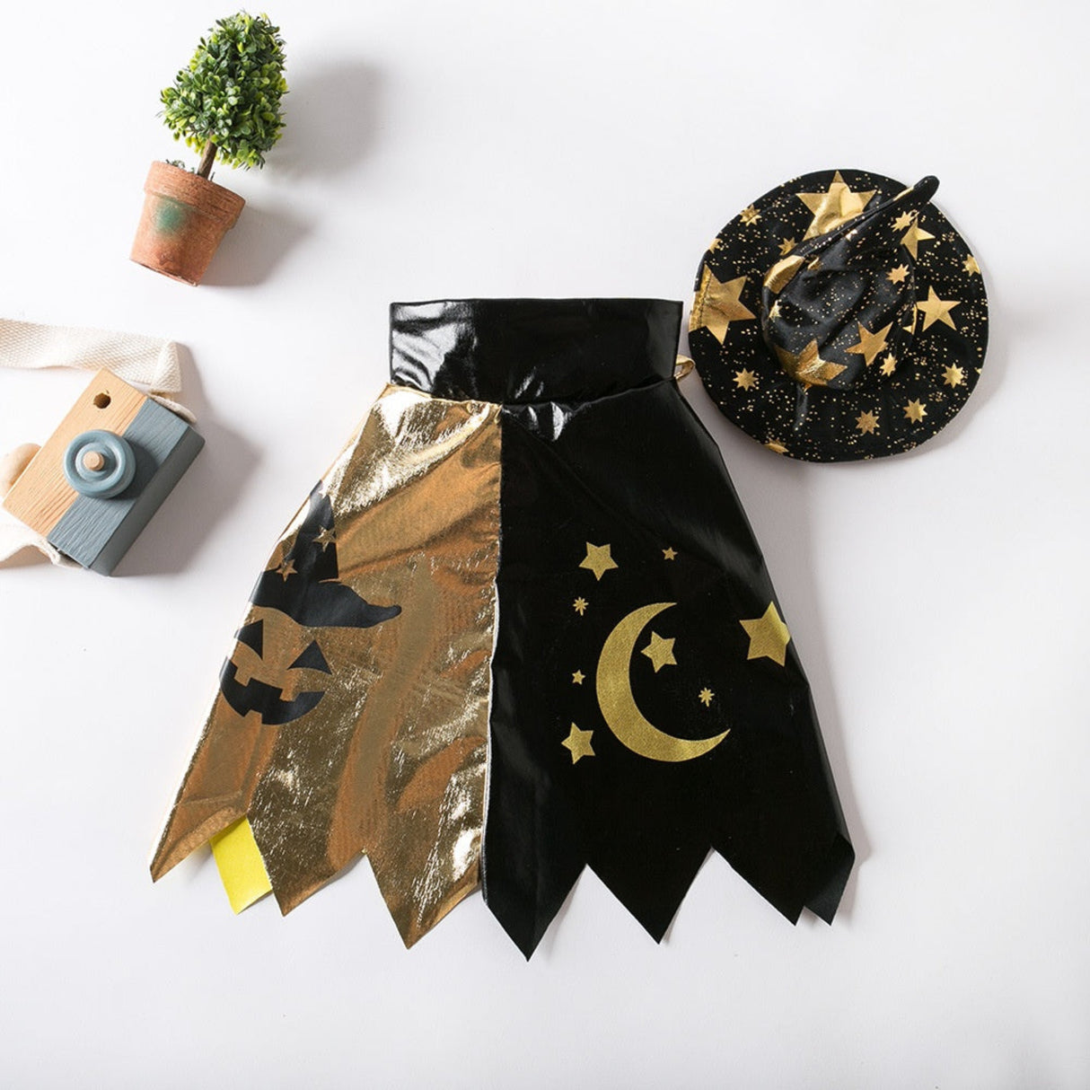 Cute Metal Golden Dog Costume with Witch Hat & Cape - Halloween Bat & Spider Print Pet Outfit, Polyester, Machine Washable, Perfect for Small Dogs, Halloween Dog Costume, Festive Pet Attire, Playful Design, Durable Pet Wear