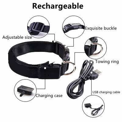 Collar antipérdida para perros de noche, luz LED de carga USB, collar con luz ajustable, luz nocturna de seguridad suave, intermitente, suministros para mascotas