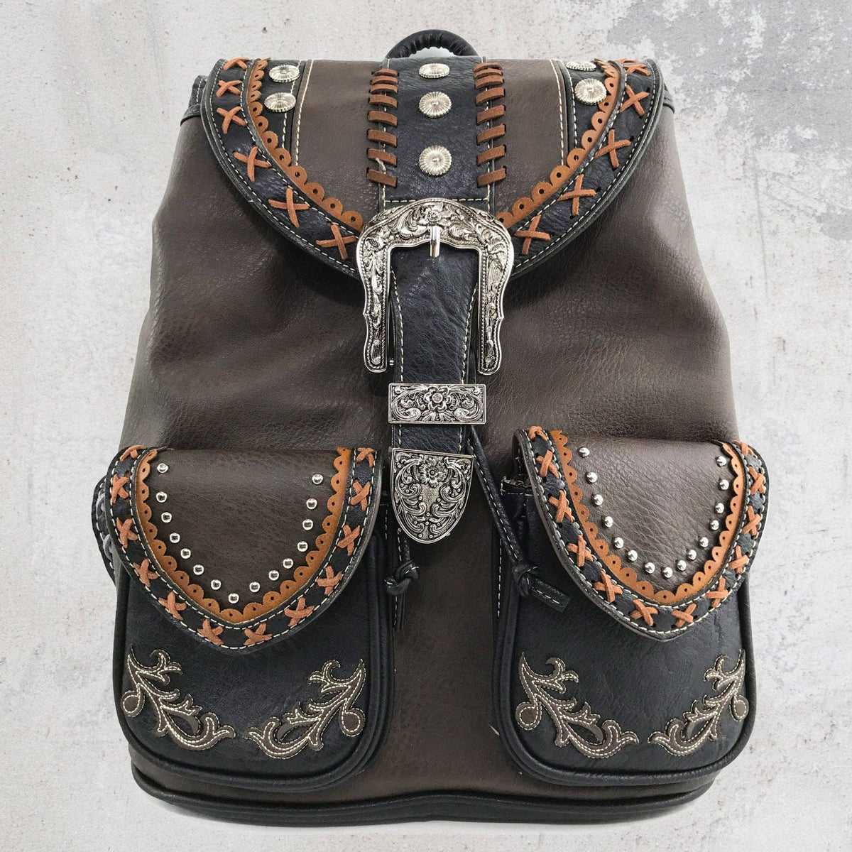 Western Leather Buckle Backpack: Brown