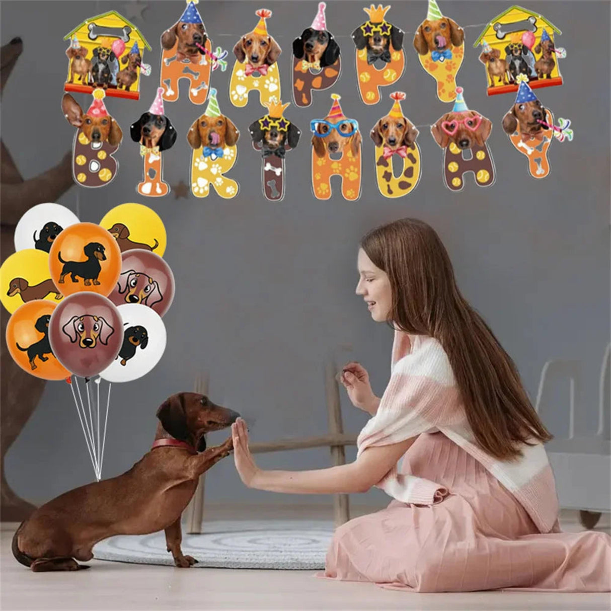 30pcs Sausage Dog Theme Decoration Set Banner Latex Balloon, Suitable for Birthday Parties, Pet Parties, Daily Decoration, etc