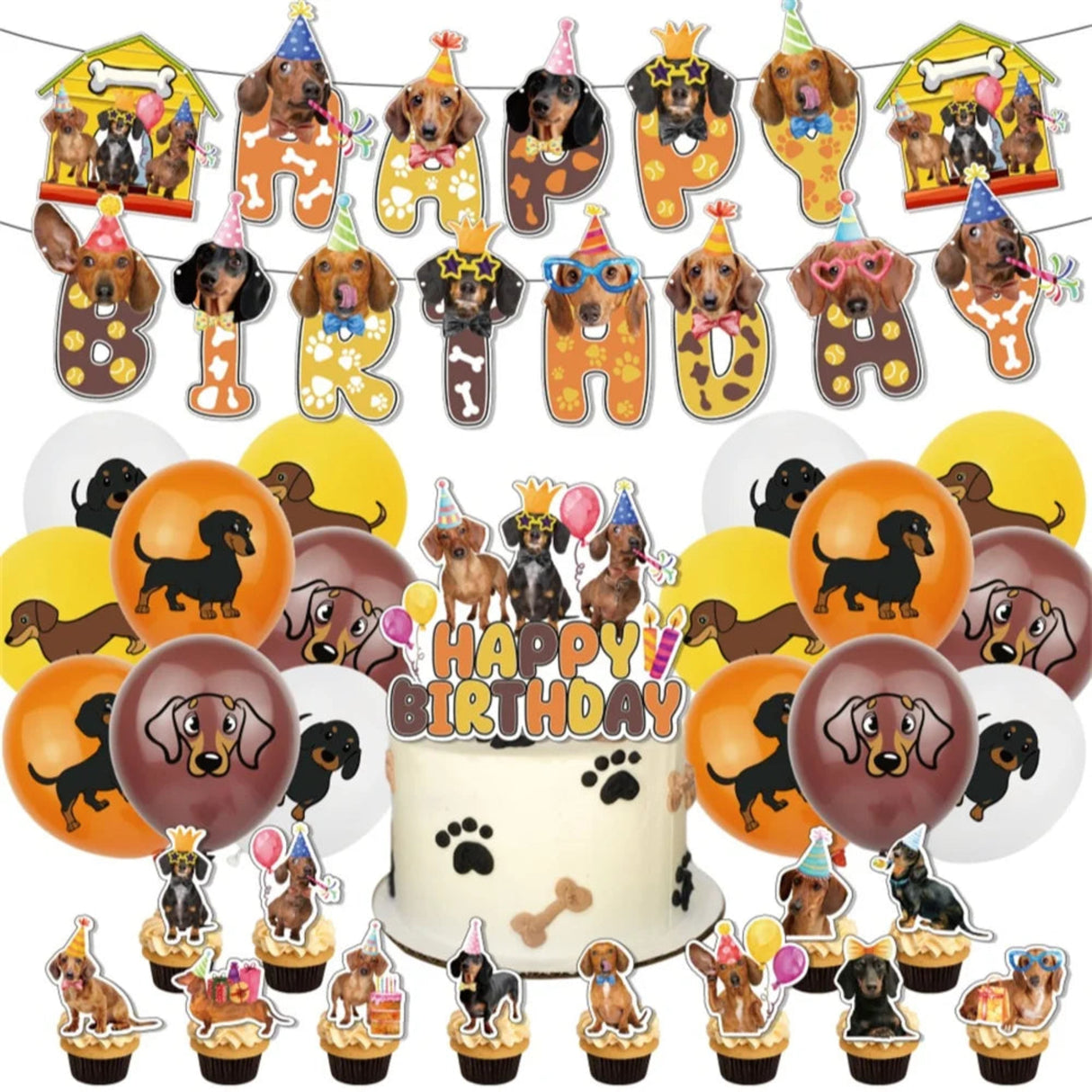 30pcs Sausage Dog Theme Decoration Set Banner Latex Balloon, Suitable for Birthday Parties, Pet Parties, Daily Decoration, etc