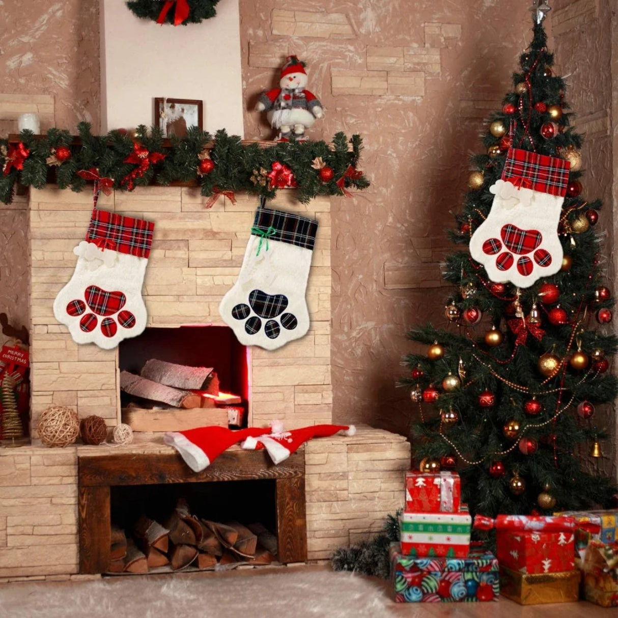 Christmas Stockings Christmas Decoration Gifts for Family, Santa, Holiday, Pet, Dog Paw Stockings