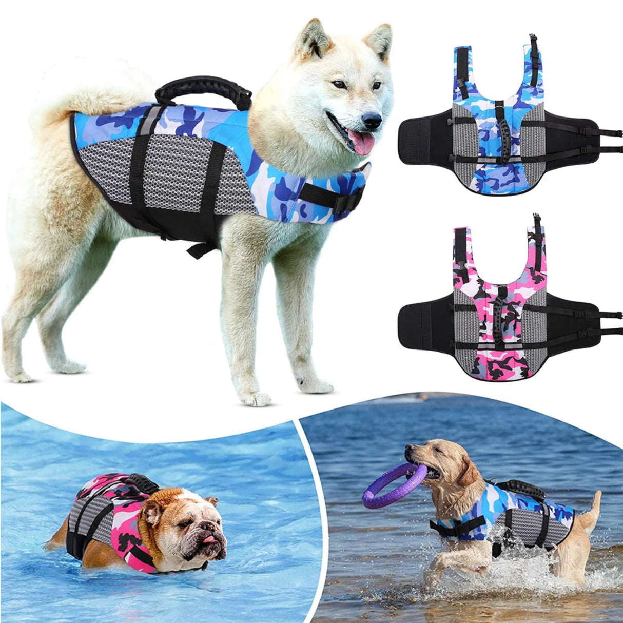 Dog Life Jacket Ripstop High Buoyancy Summer Pet Adjustable Safety Camouflage Swimsuit Reflective Dog Clothes with Rescue Handle