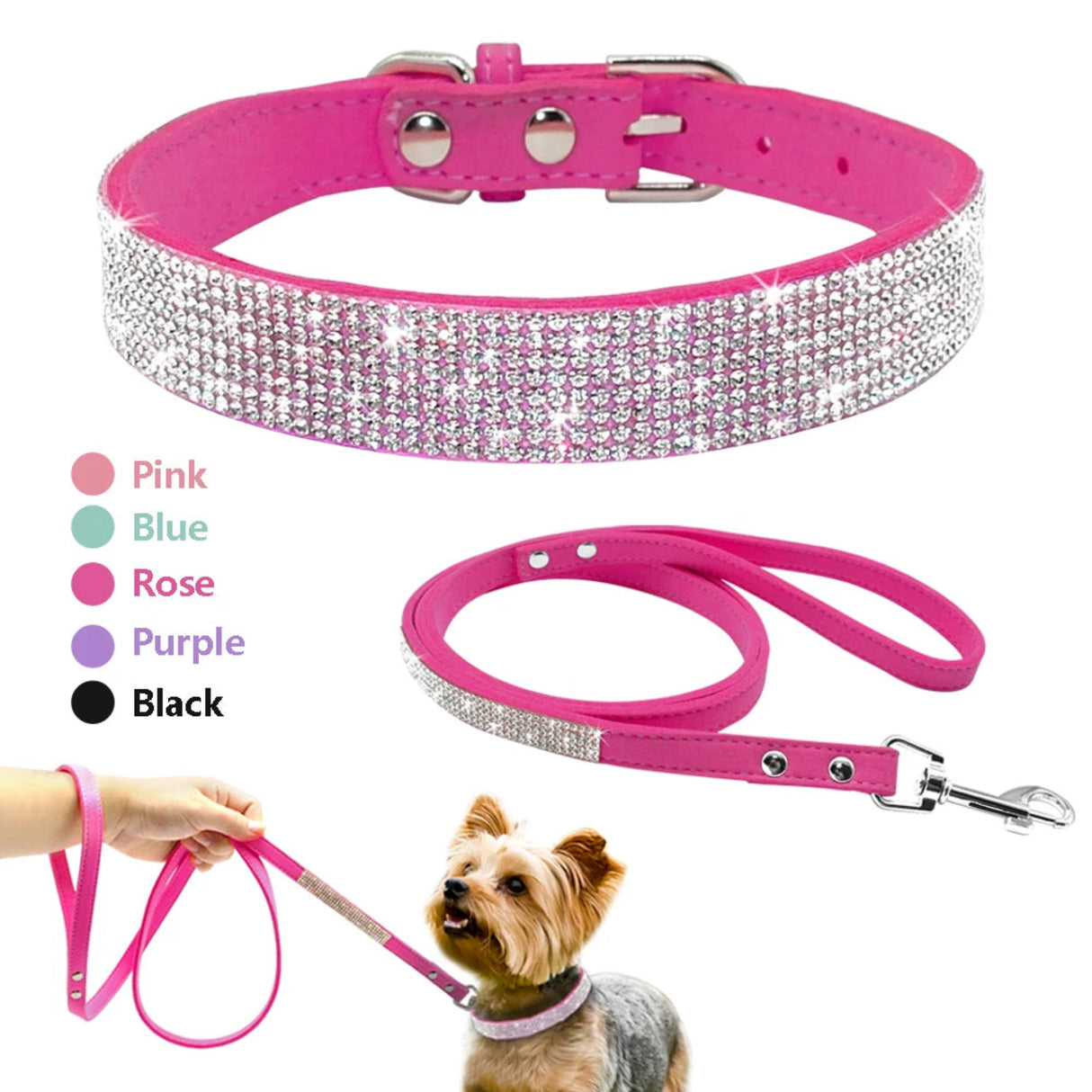 Didog - Juego de collar y correa de piel de gamuza para cachorros y perros, ajustable, con diamantes de imitación, para gatos, correas para caminar para mascotas pequeñas y medianas, talla XS y SM 